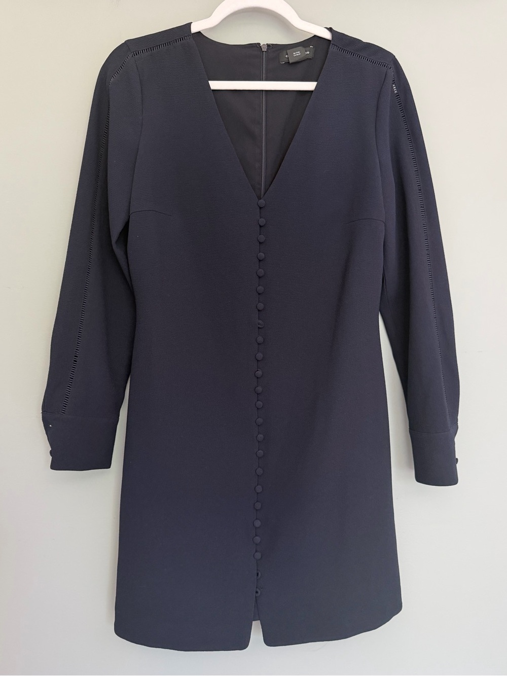Club Monaco "Mymie" Navy Blue Long Sleeve V-Neck Button Front Mini Dress